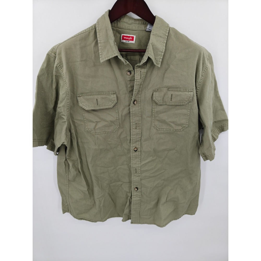 Wrangler Mens XL Short Sleeve Button Down Shirt Olive Green Twill HSB1YWF